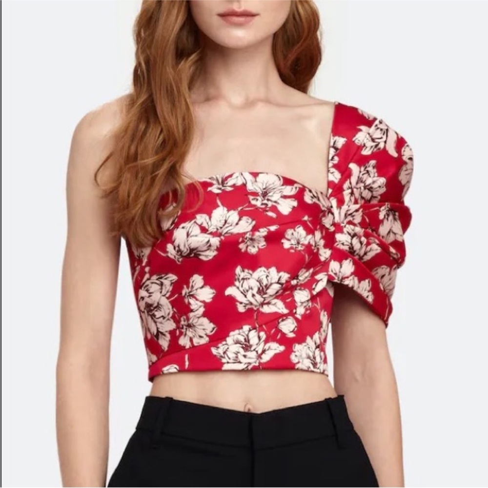 Amur Lucia floral one shoulder crepe de chine red white crop top sz.00
